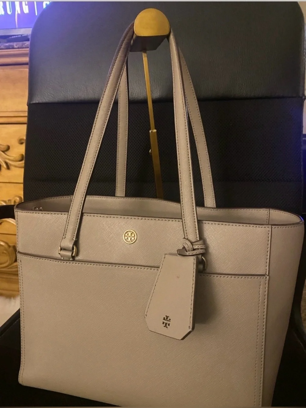 Tory Burch Taupe Saffiano Leather Tote with Logo Charm